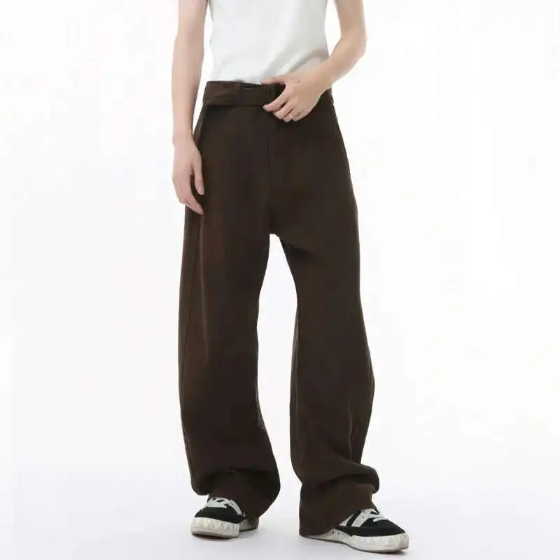 

Men's Jeans With Belt Straight Trendy Solid Color Tide New American Style High Street Male Clothing 2025 Summer Jeans