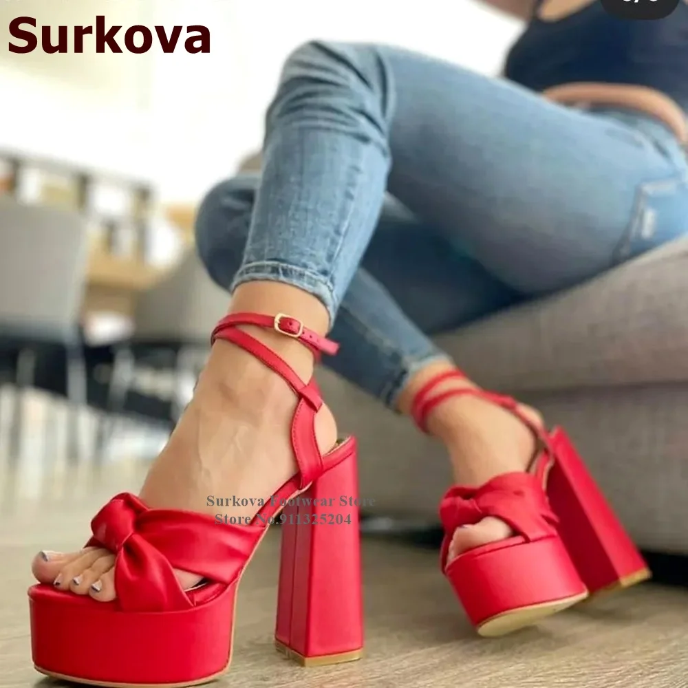 

Surkova Red Nude Matte Leather Chunky Heel Sandals Elegant Butterfly-knot Summer Dress Shoes High Platform Bowtie Pumps Size46