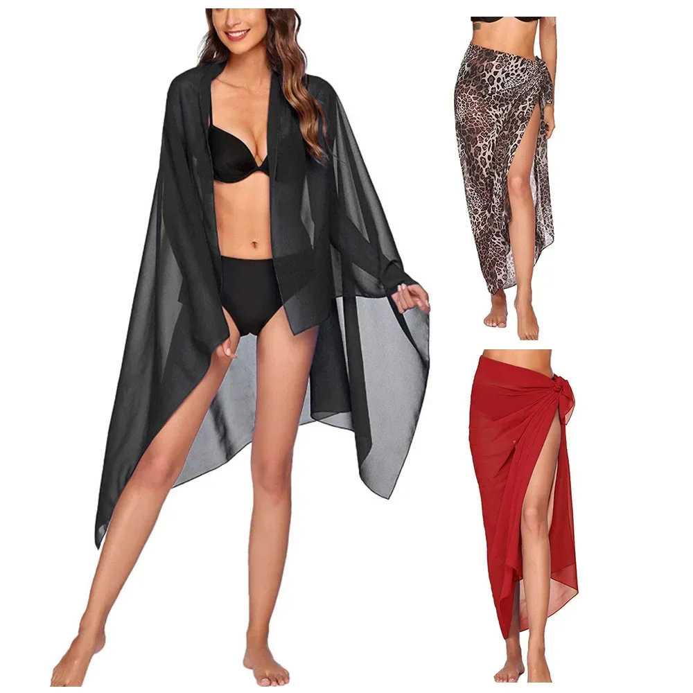 Summer Women's Swimwear Cover Up Sheer Chiffon Scarf Dress Transparent Beach Mini Wrap Skirt for Women