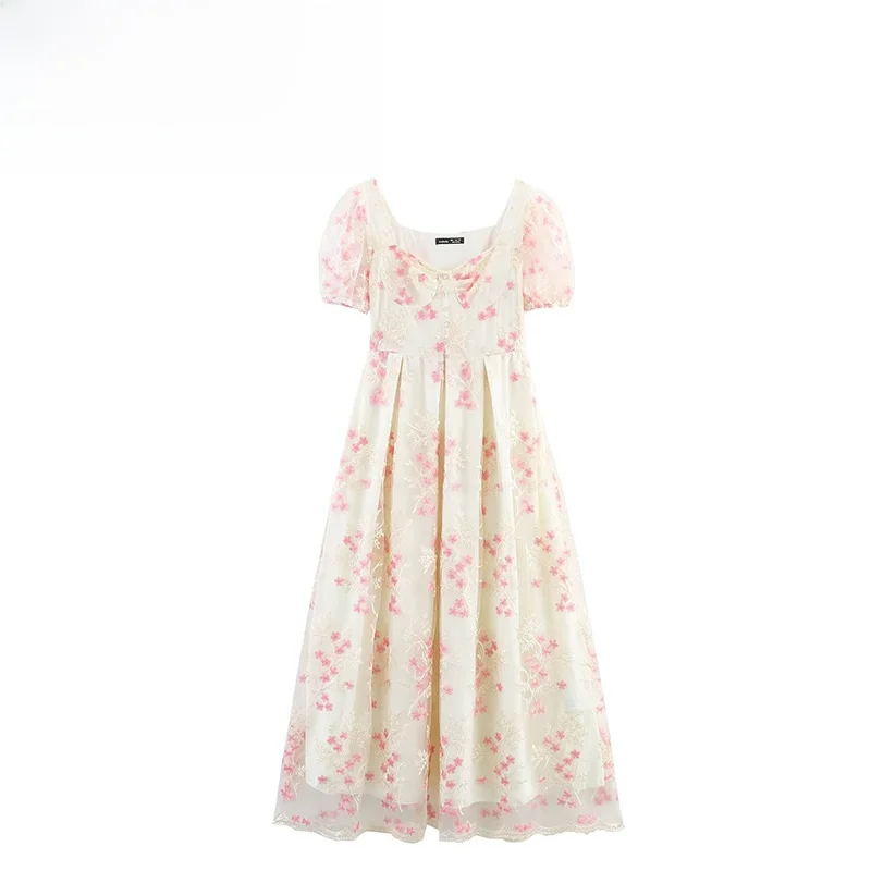 ZBZA ربيع جديد للسيدات تصميم عصري مطرز بأكمام فقاعية تنورة طويلة أنيقة عالية الخصر من البوليستر فستان الأميرة الخيالية