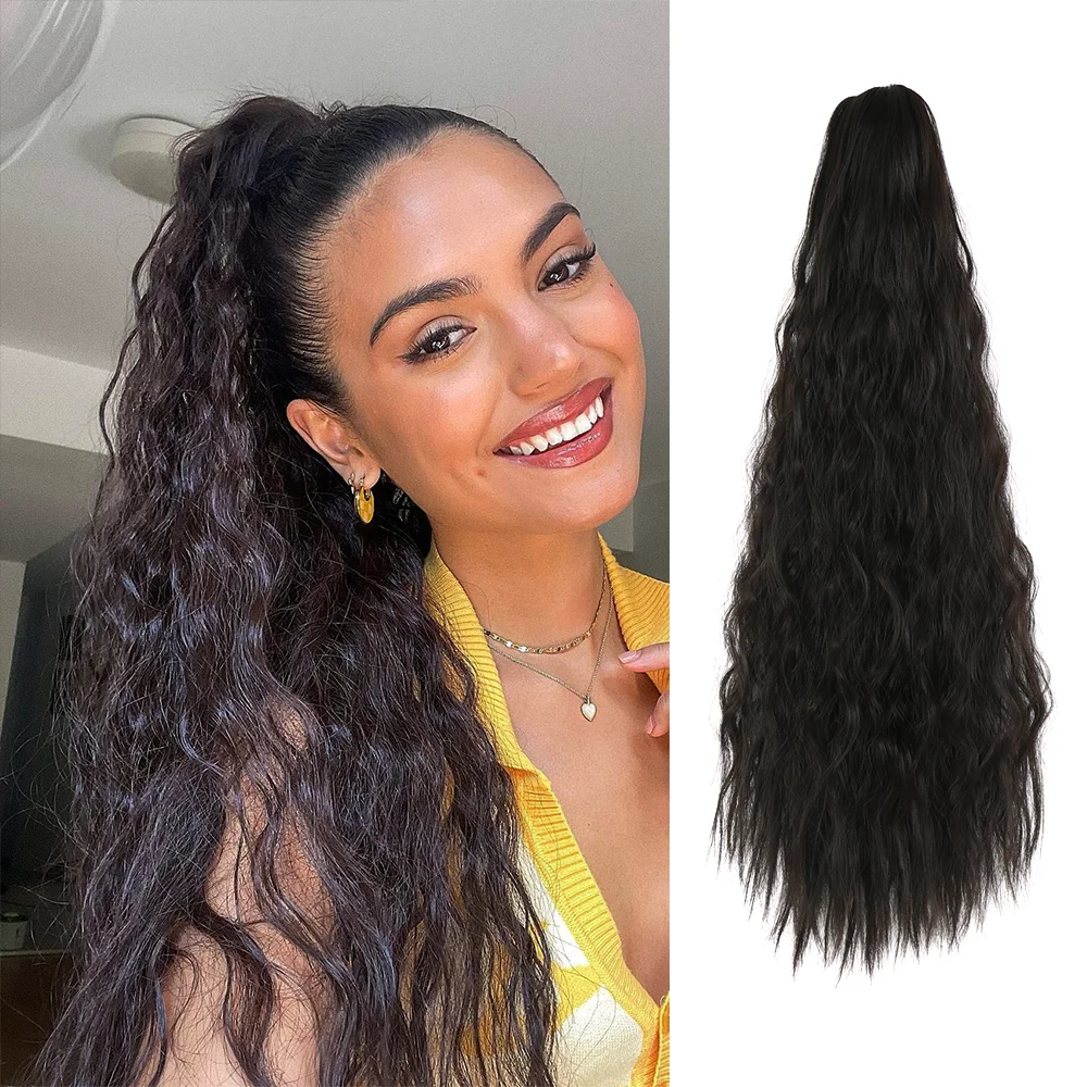 Extensão sintética rabo de cavalo longo para mulheres, cabelo encaracolado, hairpieces preto, clipe de garra, olhar diário, cabelo