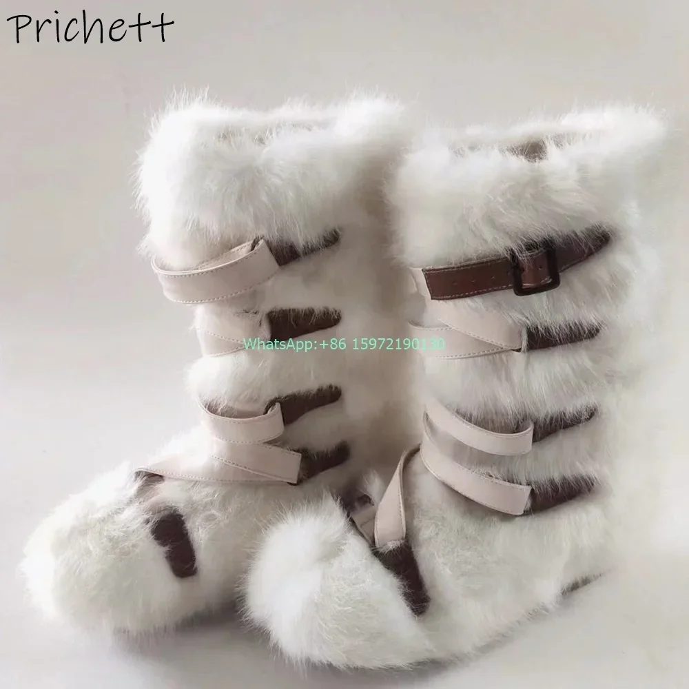 

Cony Hair Soft Snow Boot Buckle Belt Thick Soled White Knee High Boots Large Size Winter Warm Lovely Fashion Runway Boots