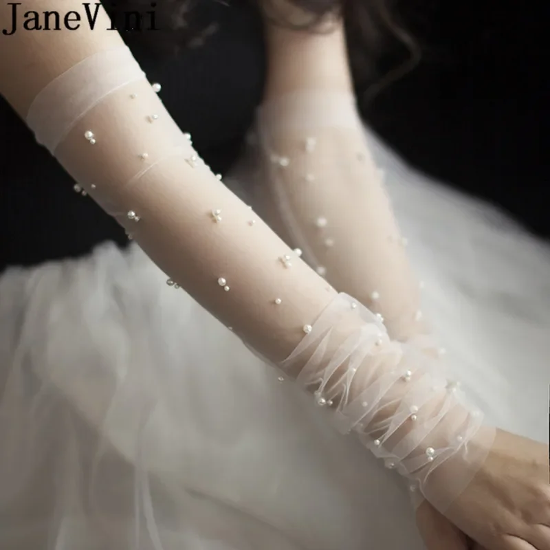 JaneVini Elegant 50CM Long Bridal Gloves Sheer Tulle Ivory Pearls Fingerless Arm Sleeves Wedding Gloves for Bride Guantes Largos