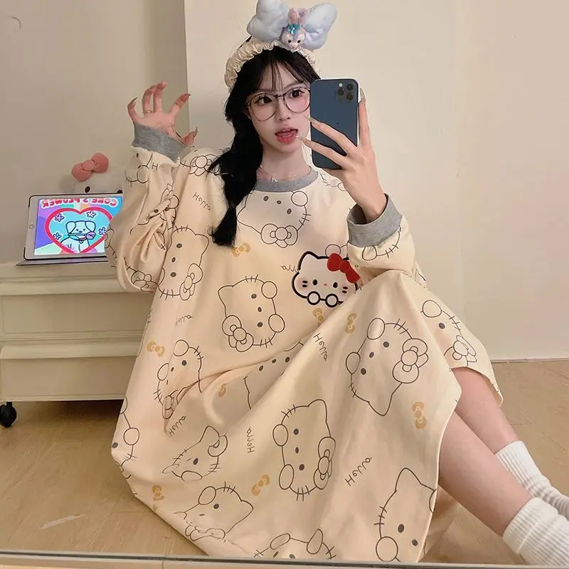 

Hello Kitty Women's Sleeping Skirt Kawaii Cartoon Young Girl Spring Autumn Long Sleeves Sleeping Pajamas Home Clothes Dress New