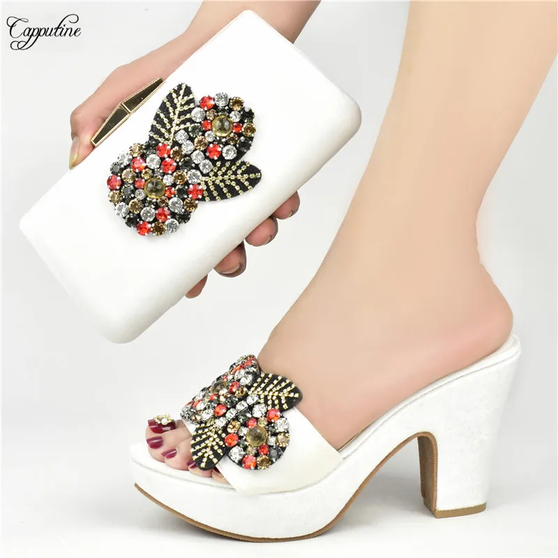 

White Woman Platform Shoes And Bag To Match African Ladies Summer Slippers With Handbag Set Pumps Clutch Pantoufle Femme 938-49