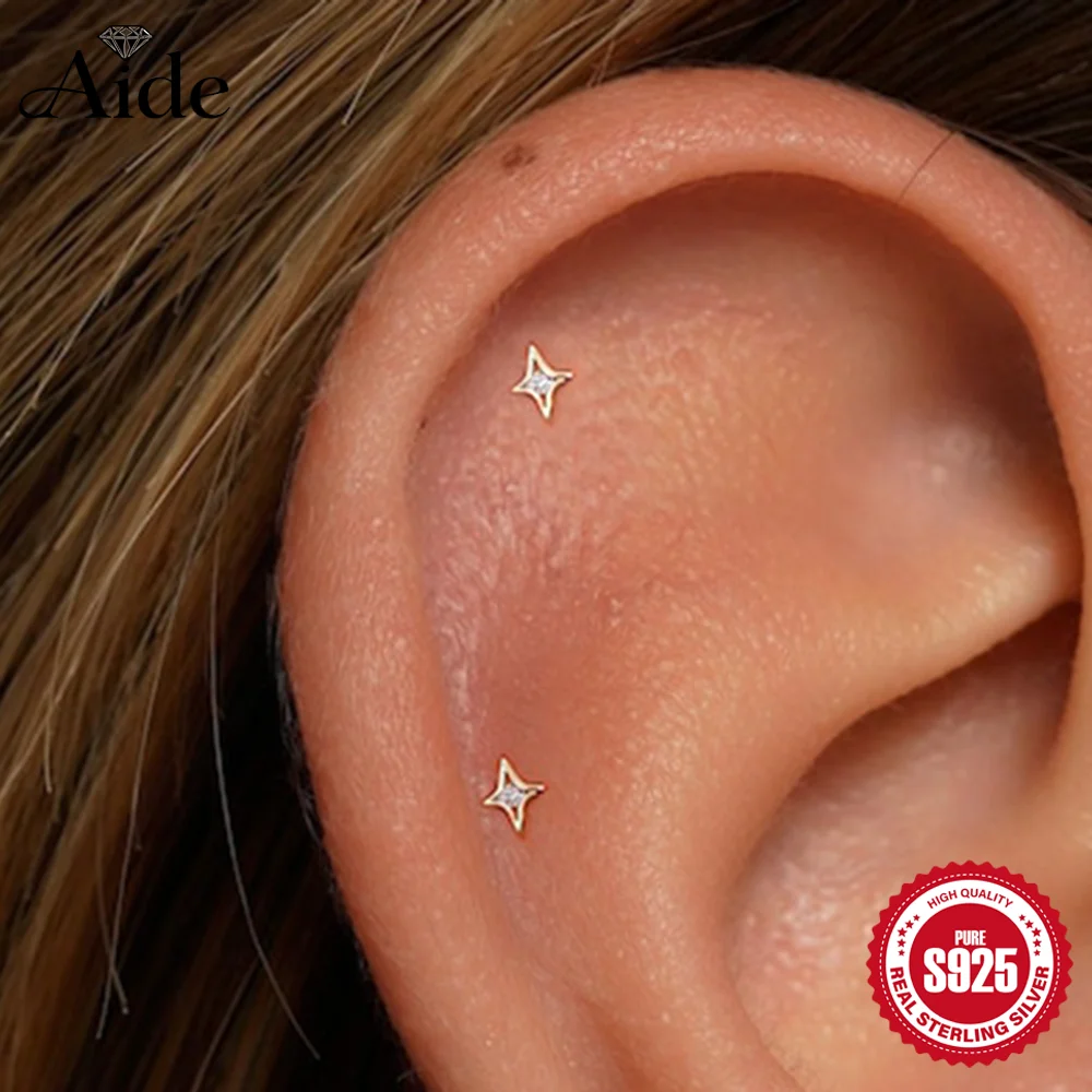 AIDE 925 Sterling Silver Shiny Quadrangular Star 16G 5/6/8mm Post for Women Cartilage Helix Flat Back Piercing Earring Gifts