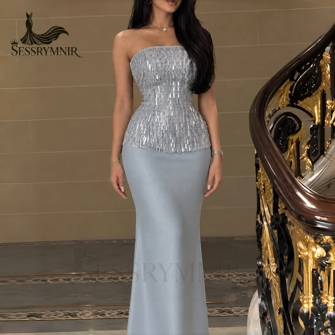 SESSRYMNIR Women'S Formal Evening Gowns Customize Mermaid Luxury Evening Dresses Strapless Sky Blue Sleeveless Elegant Party