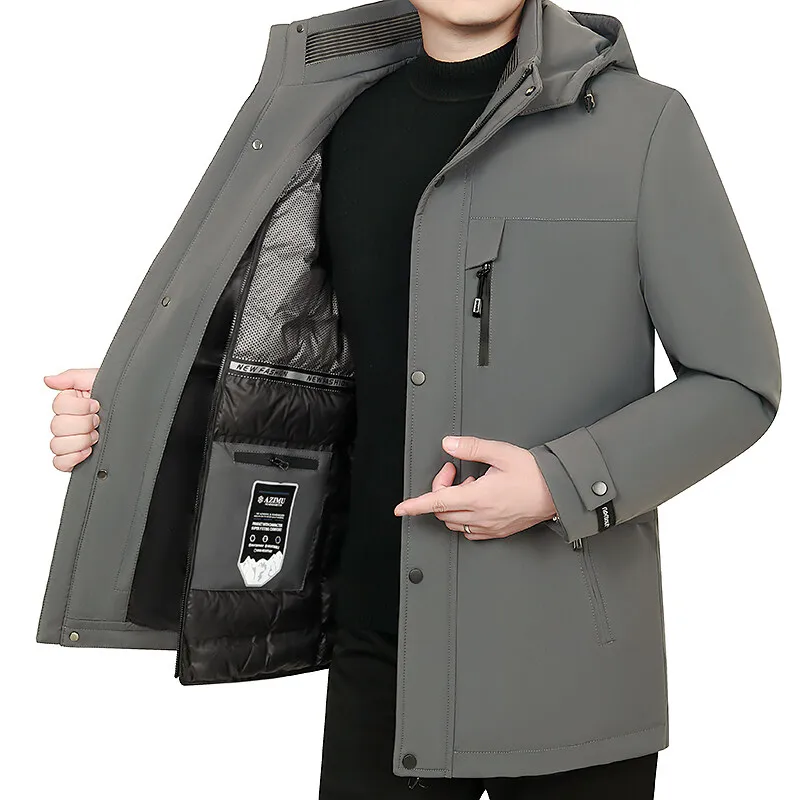 Men's Detachable Liner Hat Puffer Coats Business Casual Hooded White Duck Down Jackets Winter Outwear Windproof Top Parka