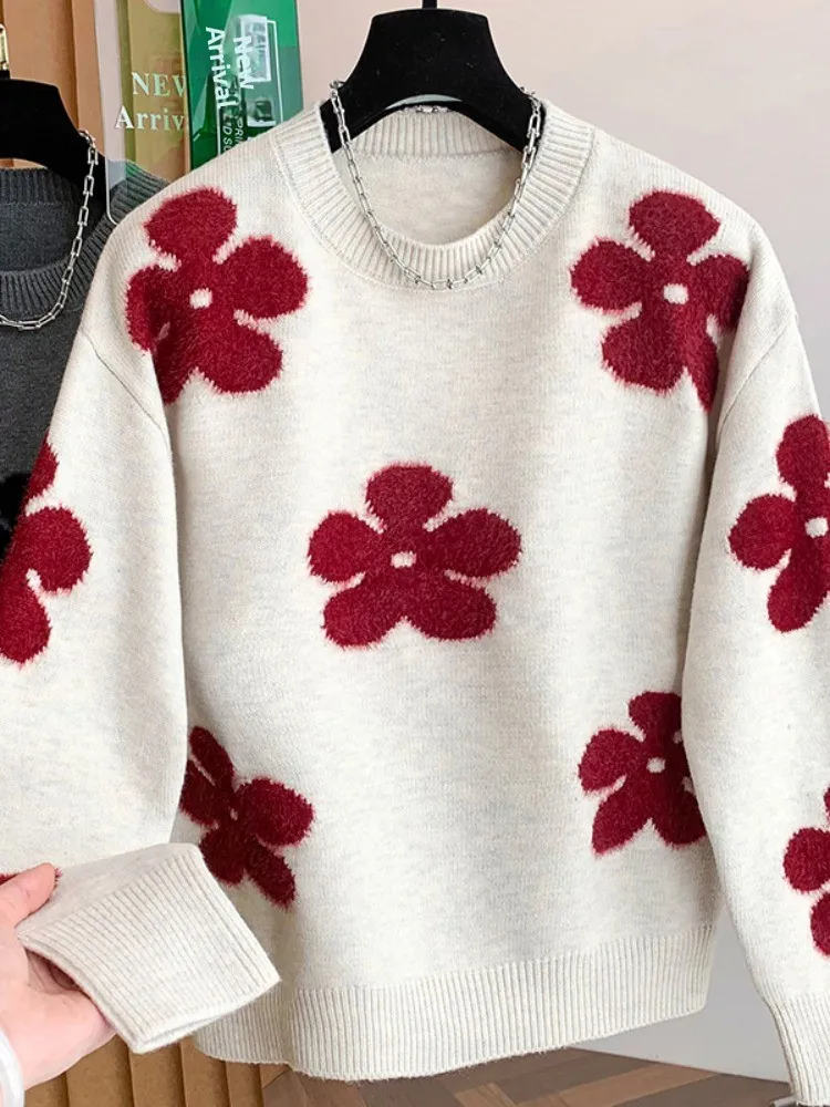 

Ladies Thiened Knitted round Ne Sweater Winter Warm Cozy Woolen Top Large Size Loose Fit Comfortable Soft Floral Embroidery