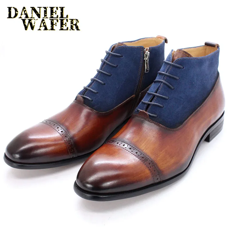 

Мужские двухцветные ботильоны из натуральной кожи со шнуровкой и боковой молнией, острый носок, полированные формальные повседневные модельные ботинки, осень ручной работы