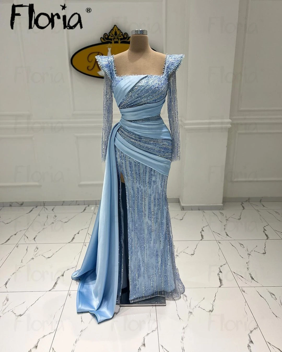 Floria Heavy Beads Blue  Prom Dresses Side Overskirt 2024 Customize Mermaid Long Celebrity Dress Robe De Soirée Evening Gowns