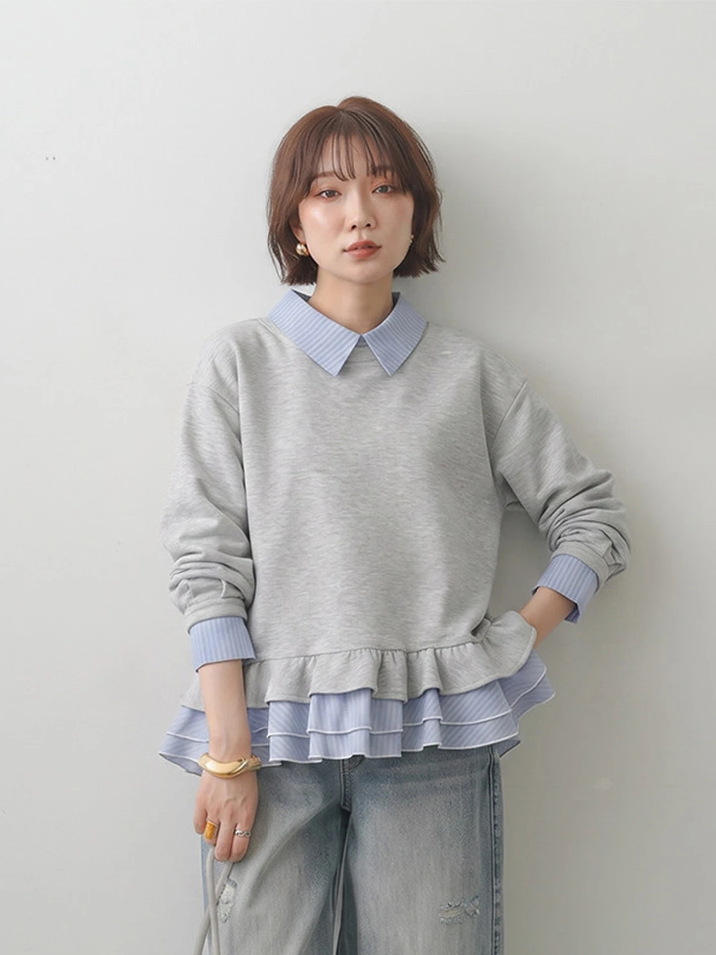 Loose Fit Striped Hoodie Women's Autumn Winter Casual Style Double Layer Design Heavy Stitching Fake Two-Piece Grey Top