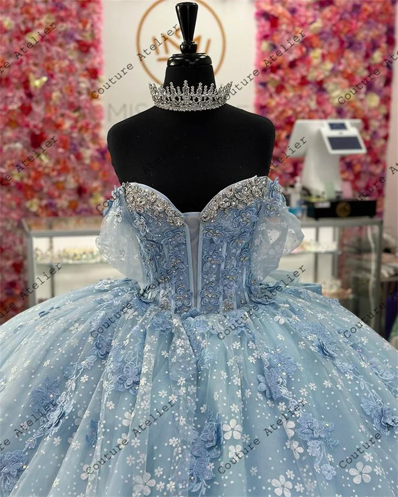 Sky Blue Lace Ball Gown Quinceanera Dress 2024 Beadeds Ruffle 3D Flower Sweet 16 Dress Birthday Party Dress Vestidos De 15 Años