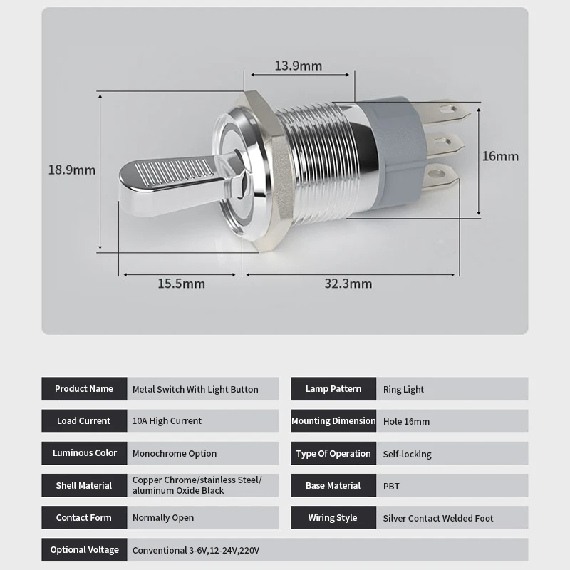 10A 16MM Metal Toggle Switch Waterproof Self-locking Toggle Button with LED Light 1NO1NC/2NO ON-OFF Slide Power Power Buttons