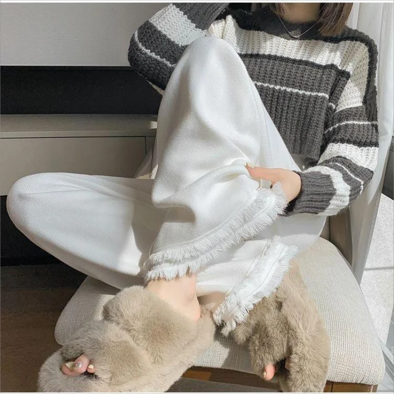 Loose Pants Women Autumn Winter 2023 Fashion Casual Drawstring Wide Leg Pants Chic High Waisted Straight Knitted Pants