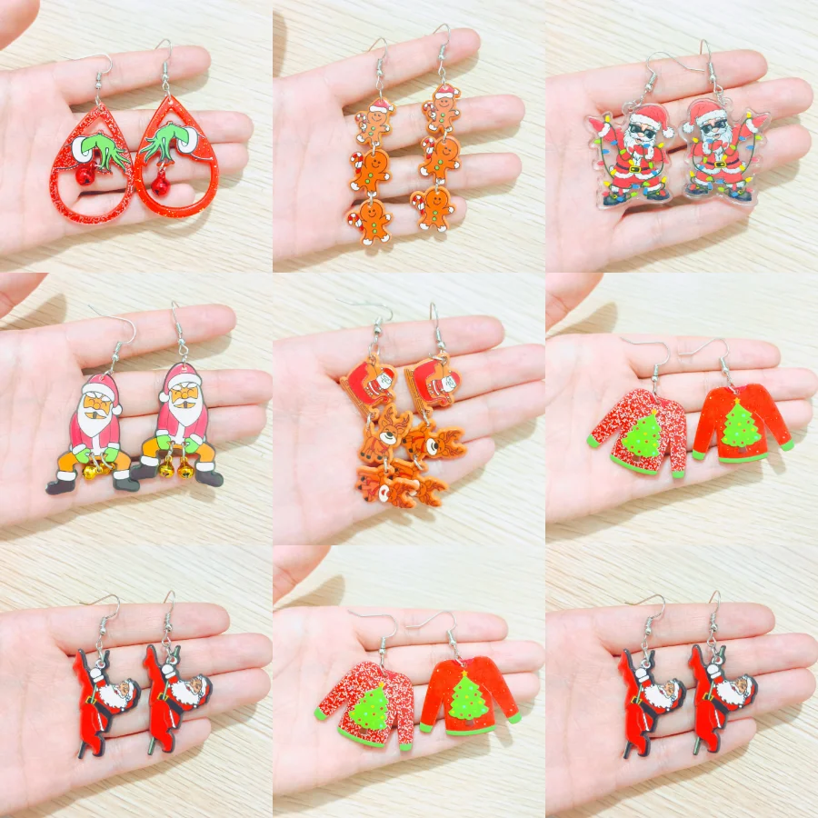 Double Sides Acrylic Santa Claus Reindeer Biscuit Man Earrings for Women Pendant Sweater Frog Hand Bell Ear Rings Christmas Gift