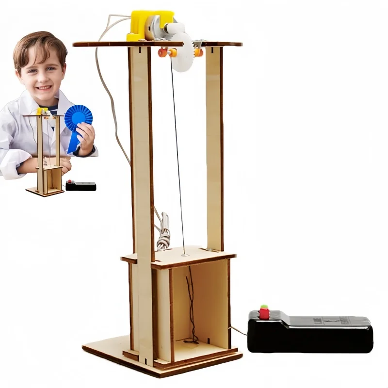 DIY Electric Remote Control Lift Elevator Kit - Wooden Model Science Experiment Puzzle Toy for Kids Educational School Project