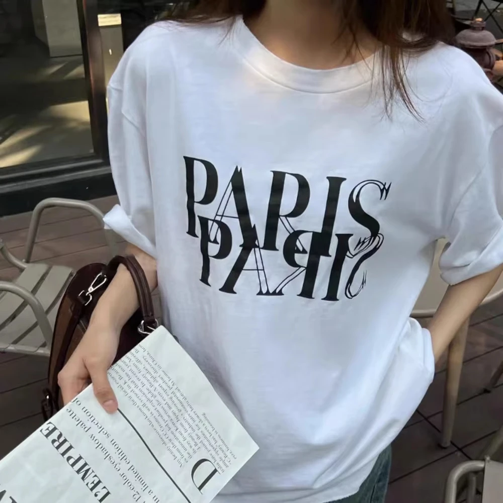 

Летняя новая североамериканская ниша с белым буквенным графическим принтом и круглым вырезом, женская спортивная футболка с коротким рукавом