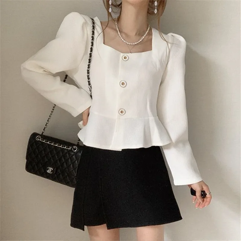 Spring and Autumn Women\'s Square Neck Solid Button Short Cardigan Ruffled Long Sleeve T-shirt Fashion Office Lady Coat Tops