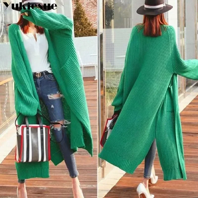 

New 2022 Autumn Winter long sleeve split up Women's Sweaters Korean Style Minimalist Solid Multi Colors Casual Long Cardigans