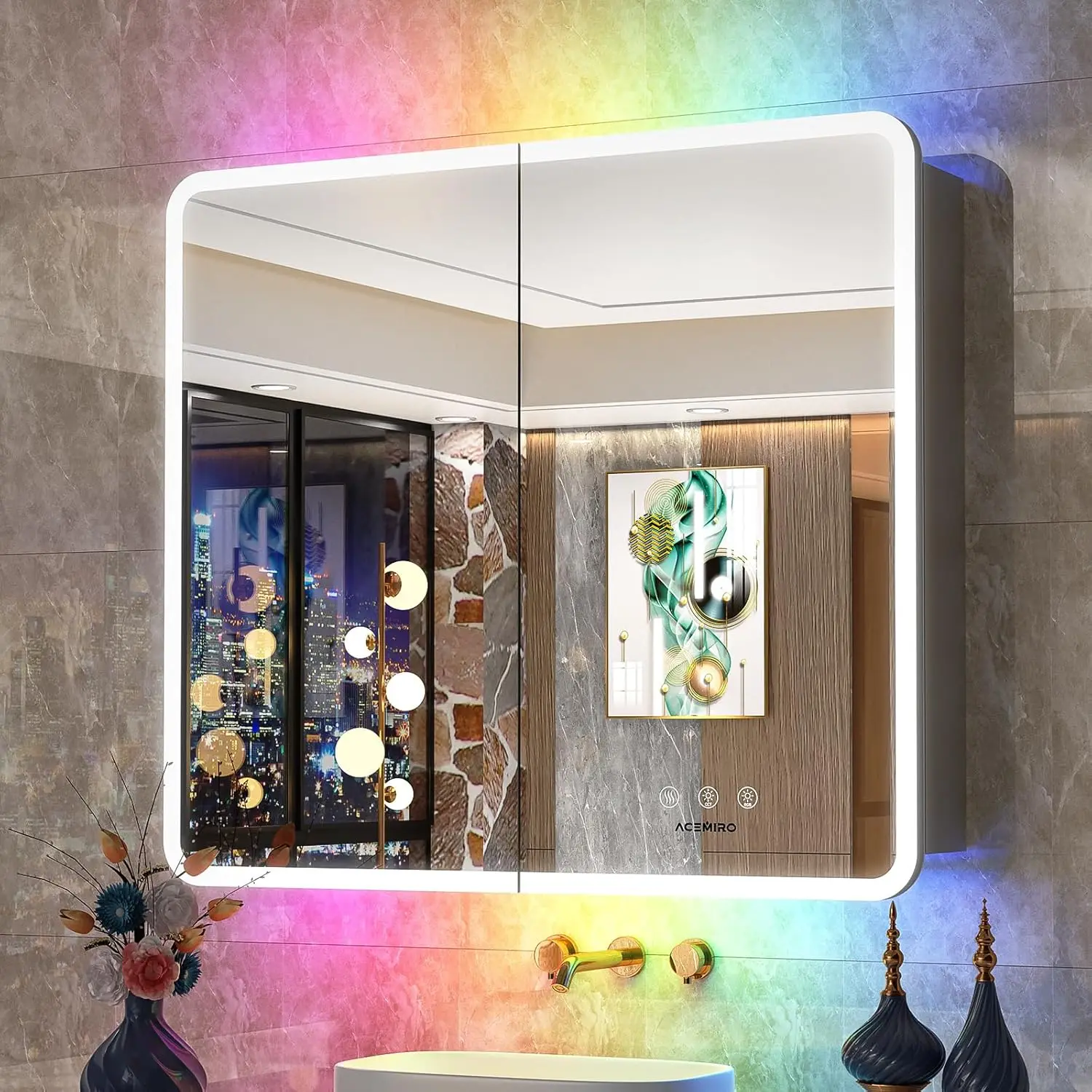 Bathroom Medicine Cabinet 36×32 Inch LED Bathroom Mirror Cabinet with Lights Defogger Dimmer Lighted Medicine Cabinet