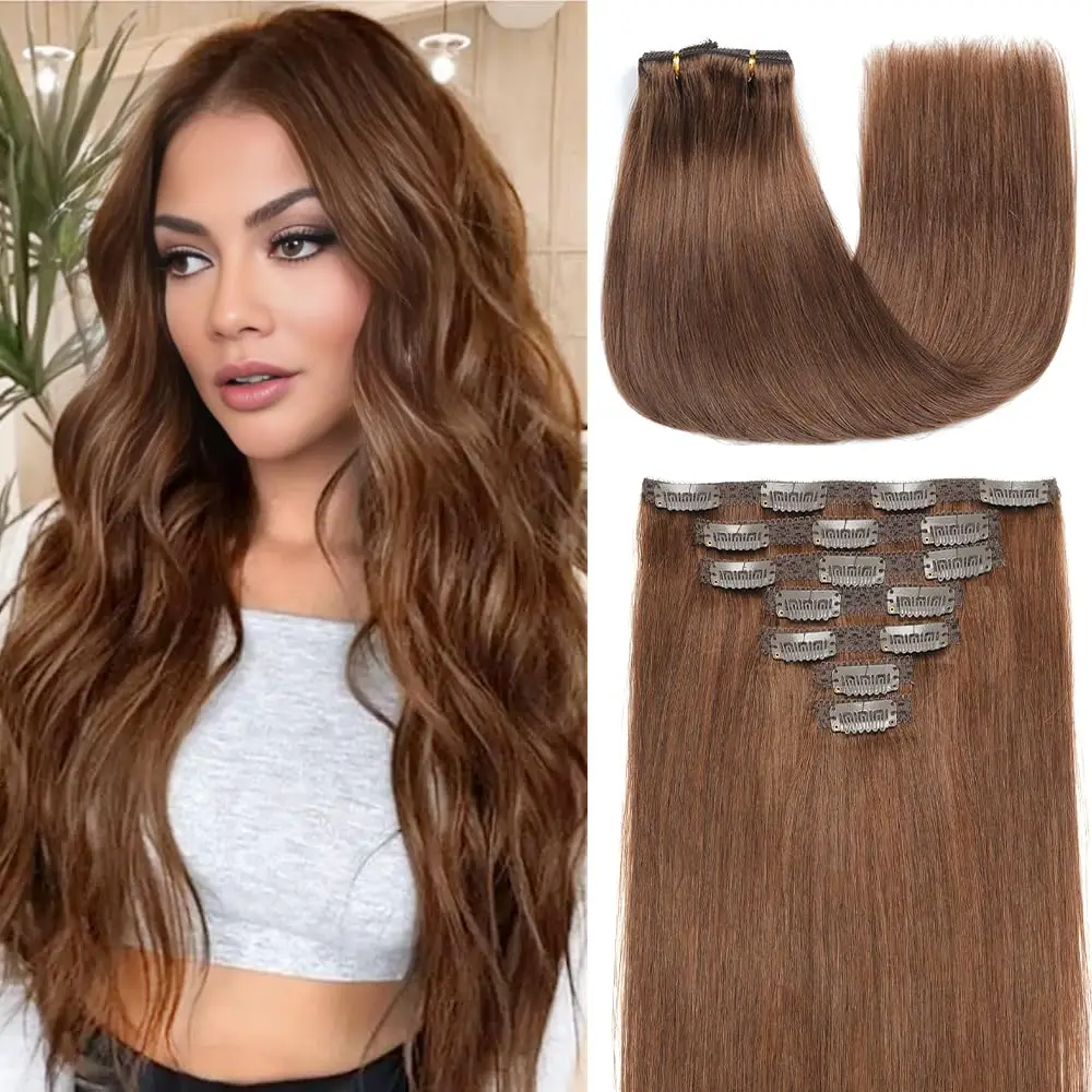 7 قطعة وصلات شعر بمشبك في وصلات الشعر مشبك شعر بشري حقيقي في وصلات شعر بشري مستقيم حافة ناعمة حريرية غير مرئية شعر حقيقي