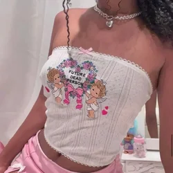 Hotsweet White Color Blouse Bow Europe America Love Cupid Embroidery Boob Tube Top Sexy Spice Girl Fashion Wear Lace Short Vest
