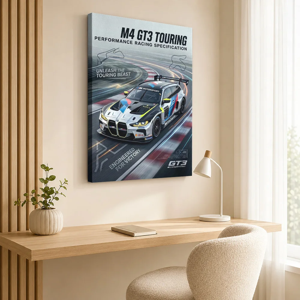 A dynamic sleek Sports M4 GT3 Touring Racin g Car Canvas Poster Customized Photo Retro Automotive Wall Art for Game Room Decor