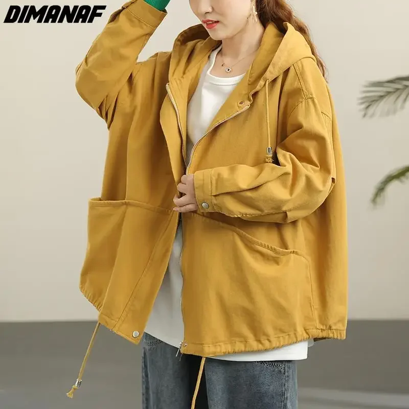 DIMANAF Plus Size Women Jackets Coats Loose Casual Cotton Hooded Fashion Yellow Outerwear Women's Clothing Zipper