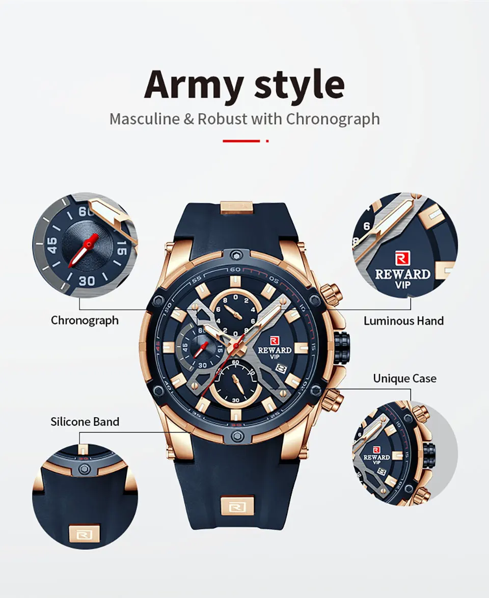 REWARD New Quartz Watches for Men Luxury Brand Big Dial Watch Waterproof Sport Wristwatch Silicone Band Chronograph Clock