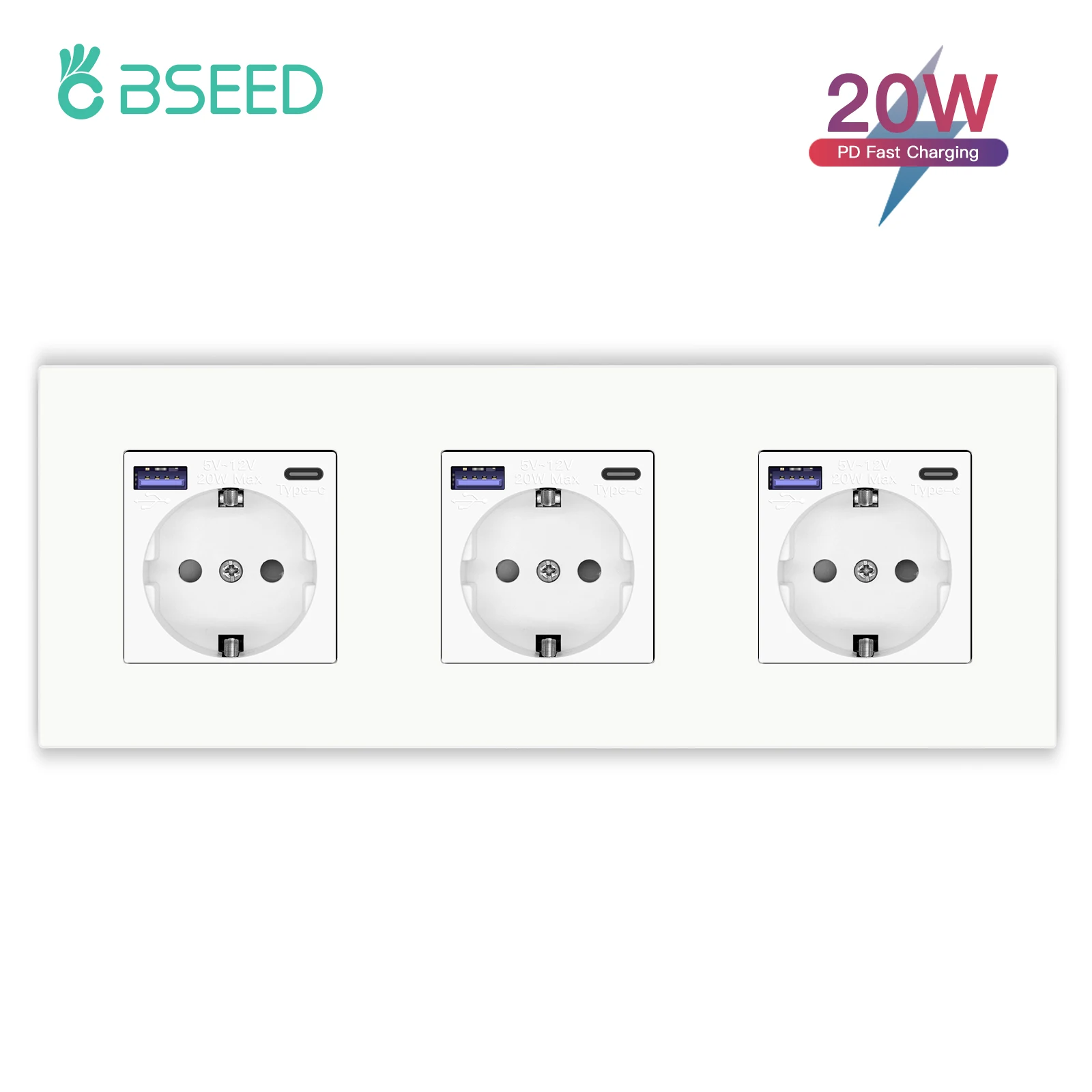 BSEED M1-Serie EU-Wandsteckdose, USB-Typ-C-Anschlusssteckdosen, doppelte Kunststoffrahmen-Steckdosen, dreifache Netzstecker, Kinderschutz, 16 A
