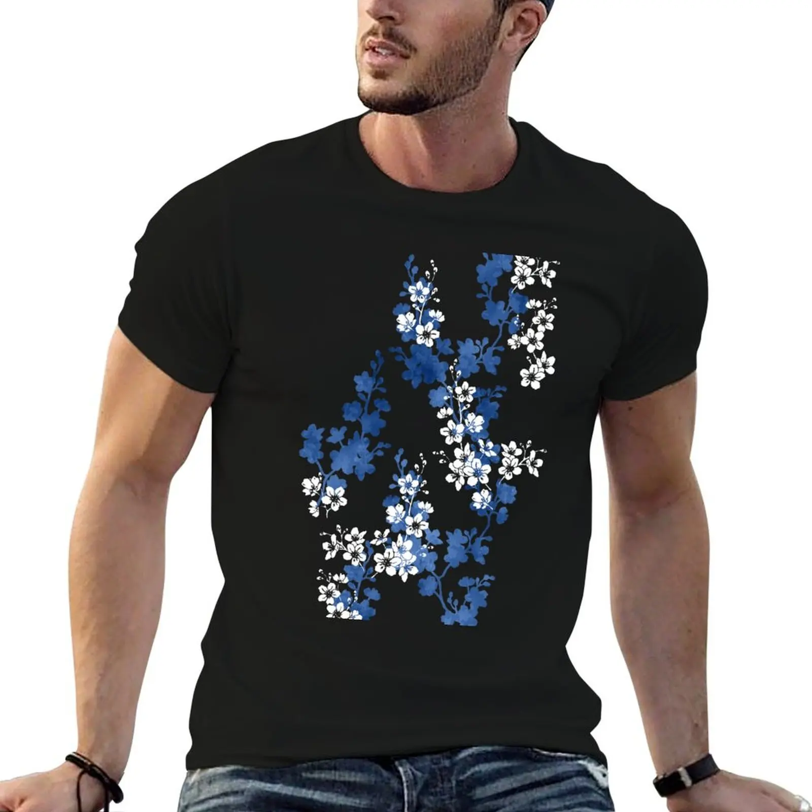 Sakura blossom in deep blue T-Shirt Big Size Daily Wear T-Shirt