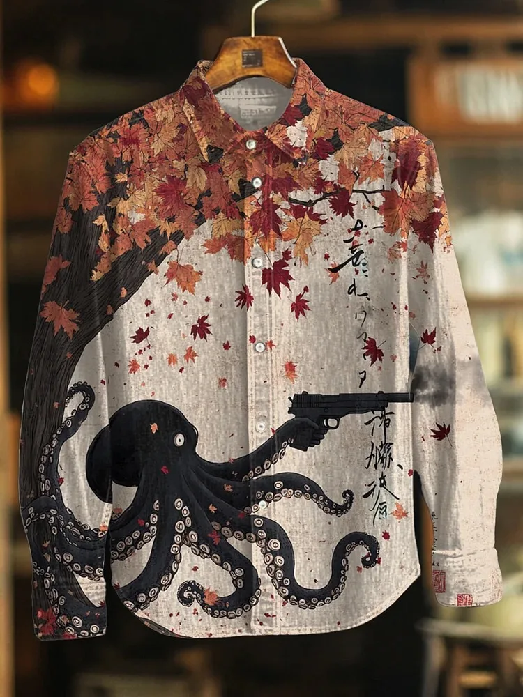

Мужская рубашка обычного кроя, удобные топы, винтажный осьминог с пистолетом, кленовым принтом дерева, рубашка с длинными рукавами, осенний хит продаж, большие размеры