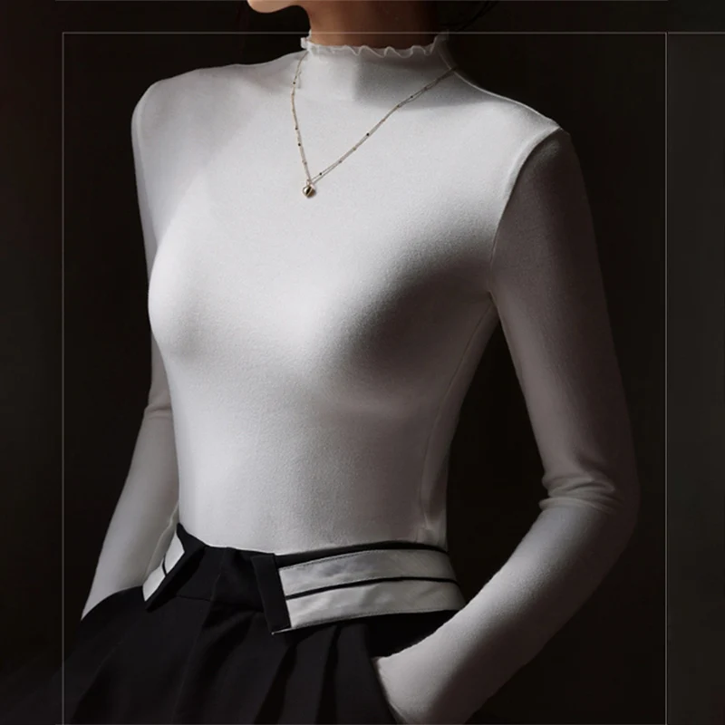 

2025 New Fashion Ruffled Half-High Collar Pullovers Women Autumn Winter Solid Color Versatile Tops Elegant Temperament Knitwear