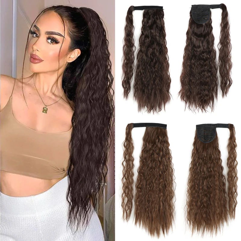 22'' Deep Curly Ponytail Hair Extension Long Curly Wave Hair Pony Tail for Women Ombre Synthetic Water Wavy Hairpiece Horse Tail