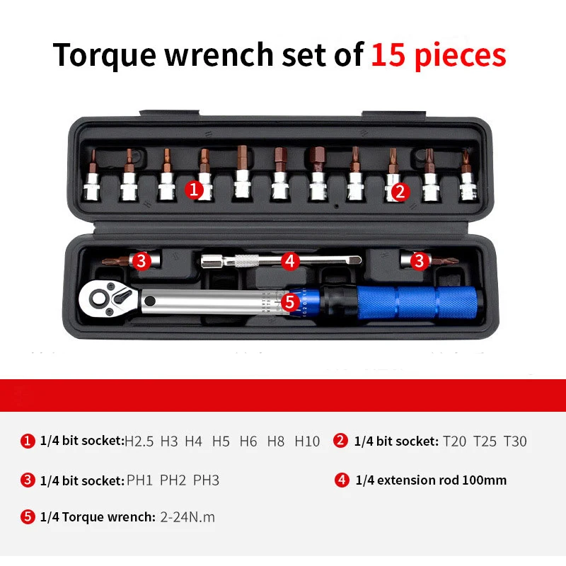 2-24N.m Universal Torque Wrench Set 1/4\'\' Dual Bicycle Bike Torque Wrench 15Pcs/Set Socket Preset Type Spanner Pro Repair Kit