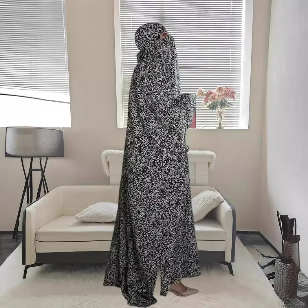 Eid Muslim Women Prayer Dress Hooded Long Robe Print Vestidos Morocco Dubai Kaftan Islam Ramadan Jalabiya Scarf Dresses Abayas