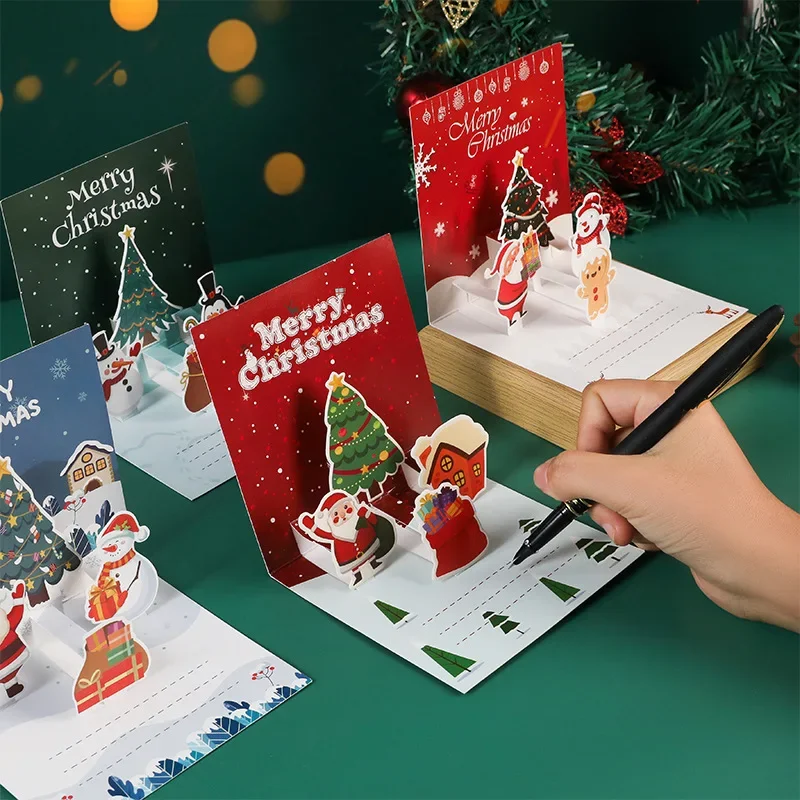 3D Santa Greeting Cards Folding Merry Christmas Best Wishes Card Xmas Gift for New Year Blessing Thank You Postcard Decoration