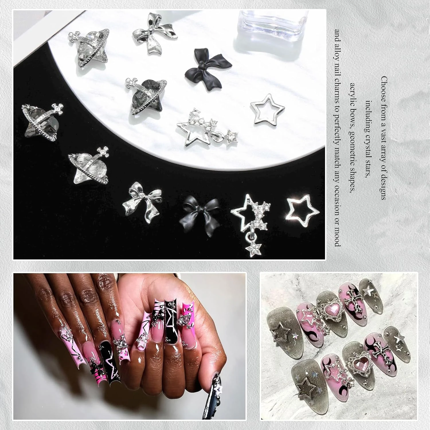 122PCS Star Nail Charms 3D Silver Nail Charms Alloy Bow Charms Crystal Starlight Black Planet Nail Charms Acrylic Bowknot