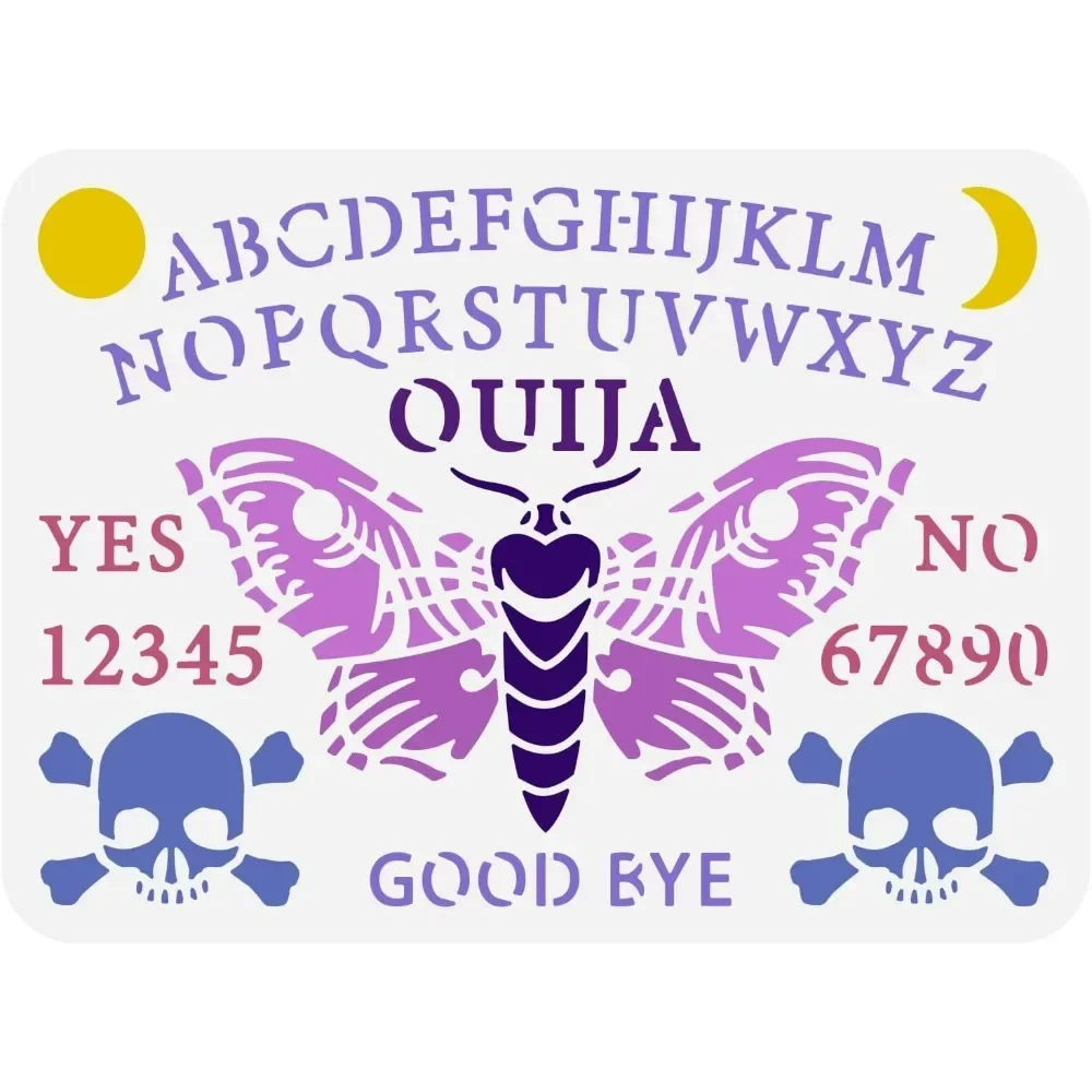 Ouija-Brett-Schablone, 8,3 x 11,7 Zoll, wiederverwendbar, Antworten, Brettspiel, Nummer 0–9, Alphabet, A-Z, Schablone, Wahrsagerei, Motten-Vorlage, Totenkopf