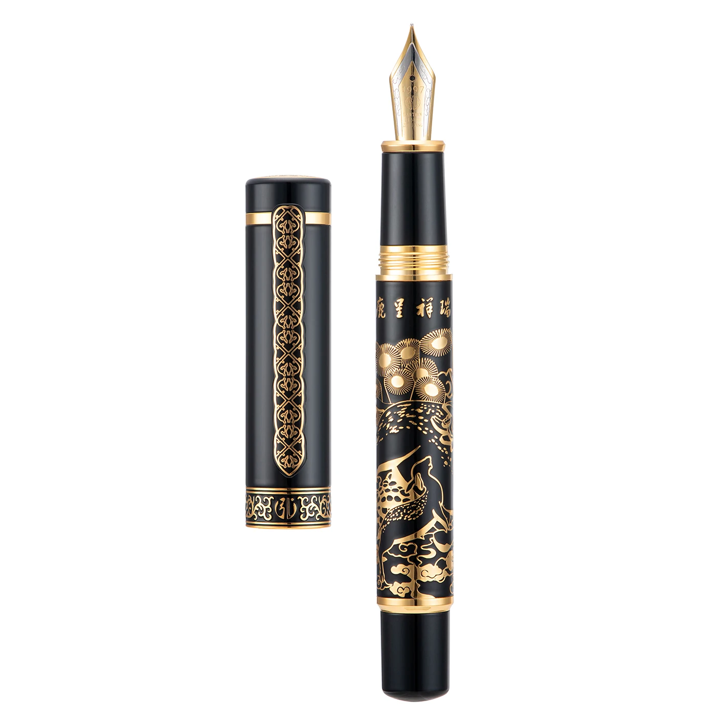 Hongdian 8037 Chinese Metal Fountain Pen, Iridum EF/F Nib with Deer Painting Design, Smooth Writing Pen with Ink Converter