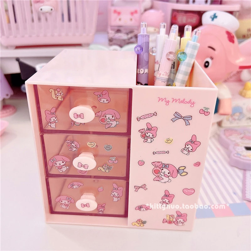 Sanrio Kawaii Cinnamoroll caja organizadora Anime My Melody, pegatina translúcida, cajón, papelería, cosméticos, caja de almacenamiento de escritorio