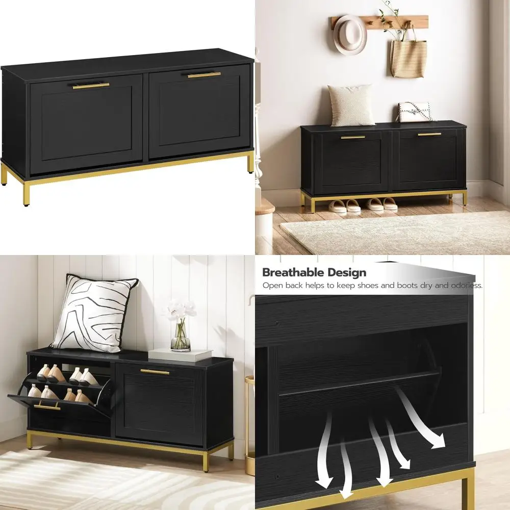 

Банкетка для хранения обуви с откидными ящиками, шкаф 39,4 дюйма, органайзер для обуви в прихожую, черный с золотом