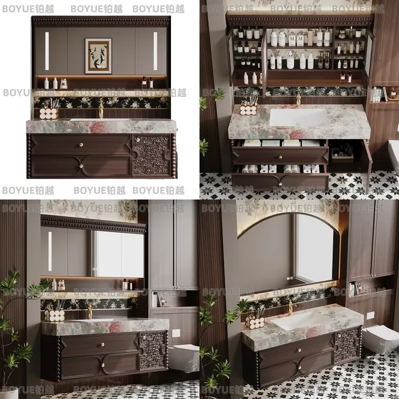Modern French Bathroom Vanity Cabinet with Sintered Stone Seamless Basin Integrated Sink Wash Station Combo Unit for Restroom