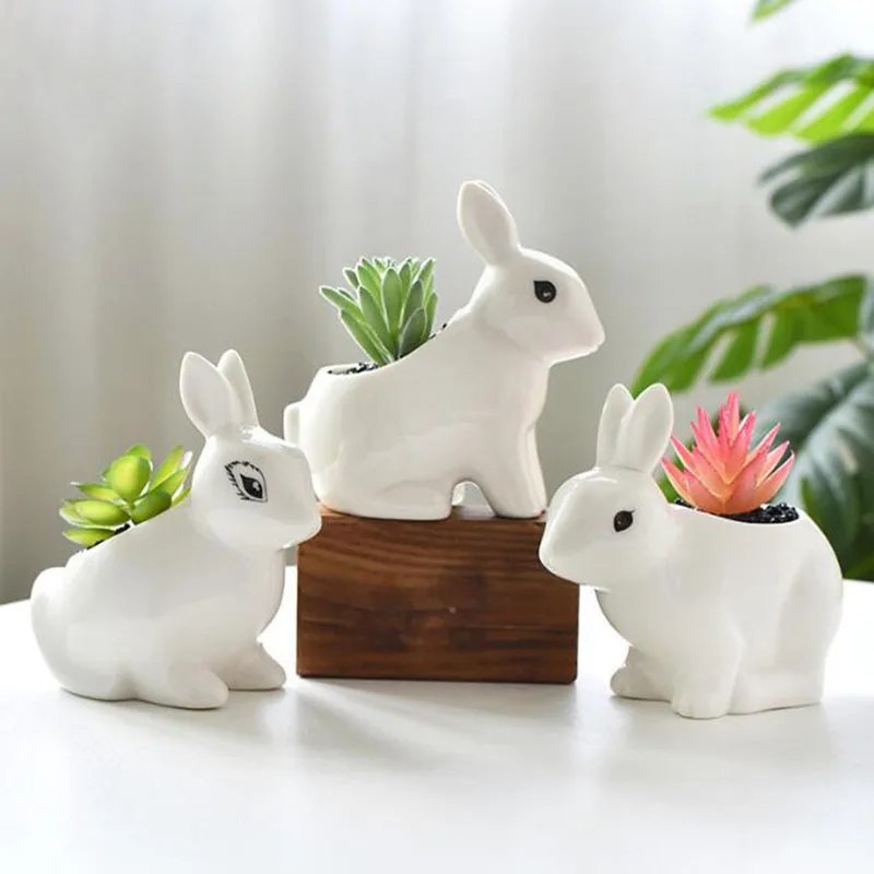 Simplicity Style White Porcelain Rabbit Flowerpot Succulent Plant Pot Bonsai Vase Desktop Ornaments Home Garden Decor