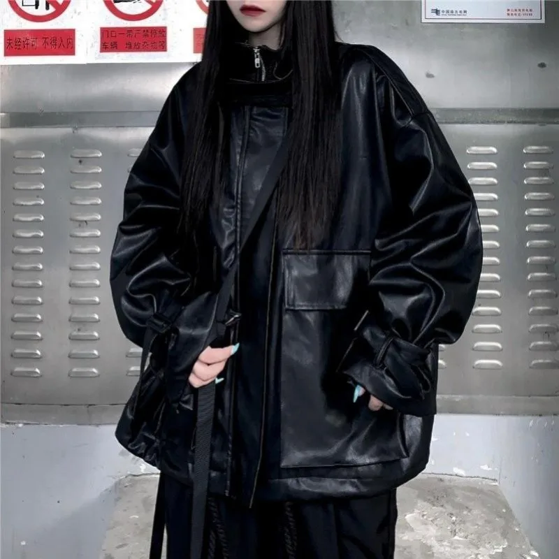 여성용 재킷 빈티지 가죽 디자인 드로스트링 코트 봄 지퍼 루즈 긴 소매 아우터 스플라이스드 빅 포켓 여성 의류