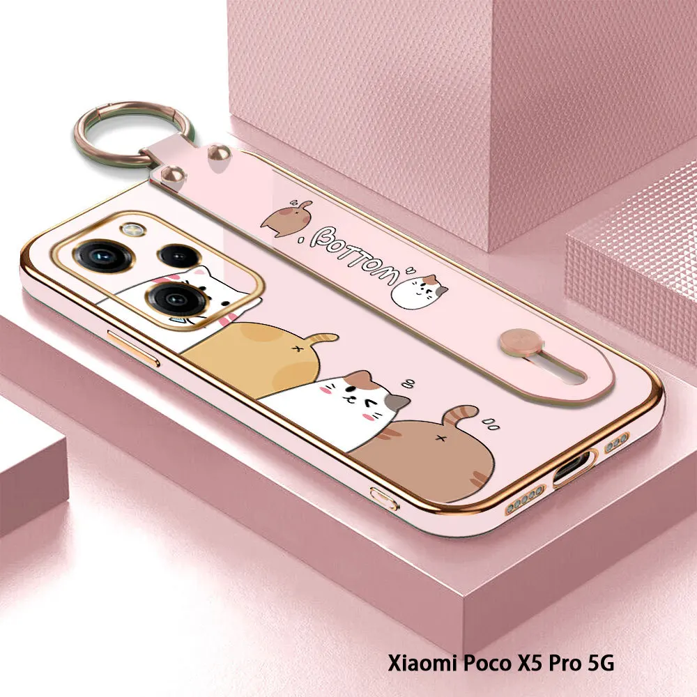 (With Wristband) For Xiaomi Poco X5 Pro 5G Poco F5 Poco M5 Poco M5s Cartoon Cat Back Cover Luxury Plating TPU Phone Case