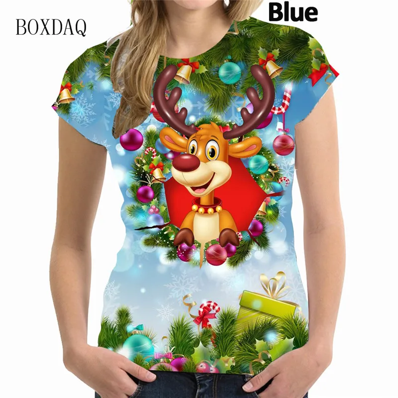 Short Sleeve Christmas Deer Pattern Women T-shirts 3d Print Cartoon Street Hip Hop Ladies Tees Merry Christmas Style Female Tops