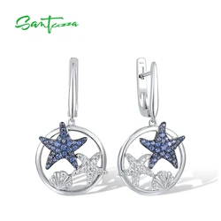 SANTUZZA 925 Sterling Silver Earrings For Women Blue Nano White Cubic Zirconia Star Fish Sea Shell Elegant Party Fine Jewelry