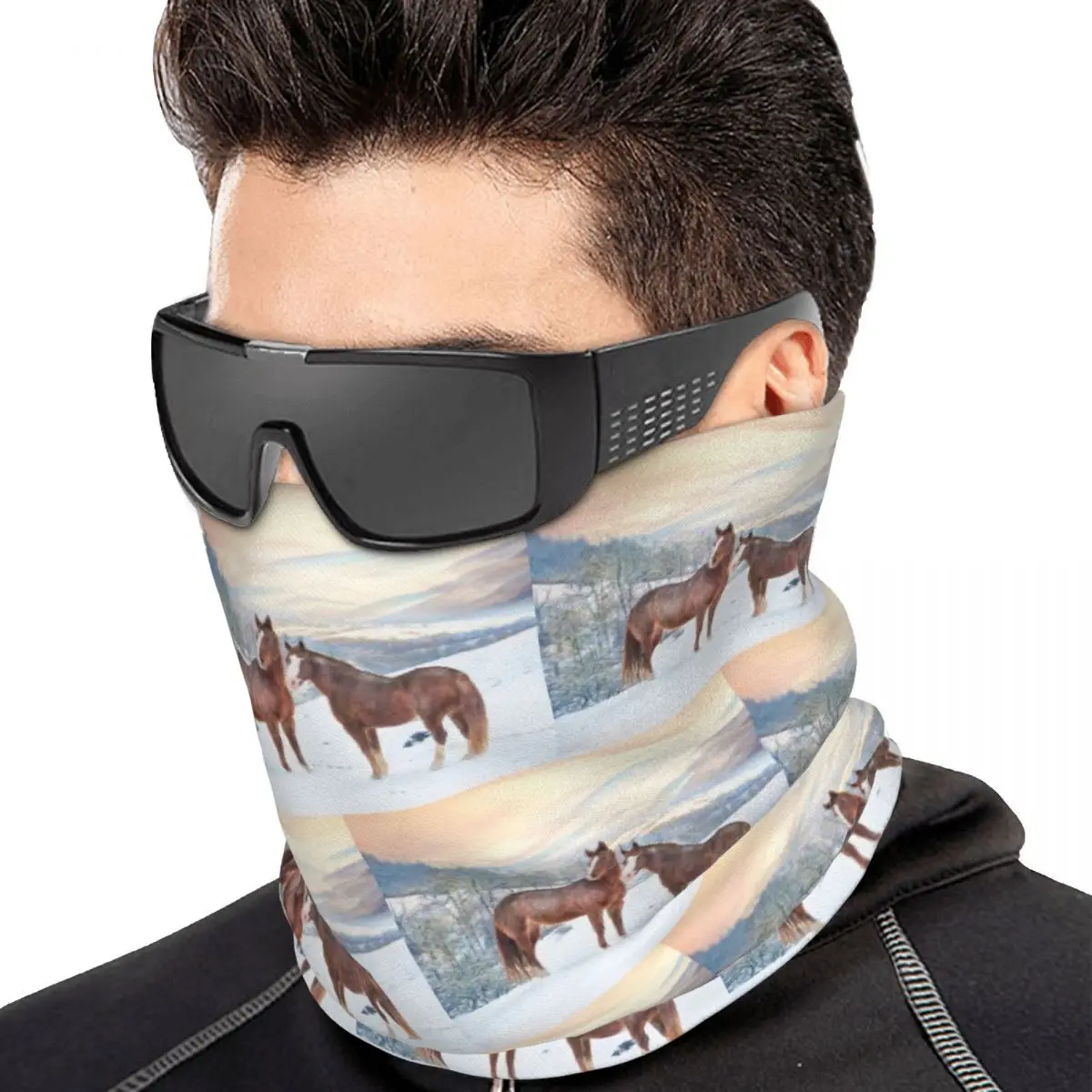 Horses With Snow And Sunset Hills Multifunctional Elastic Neck Gaiter Dust Proof Face Cover Bandana Unisex Climbing Fishing